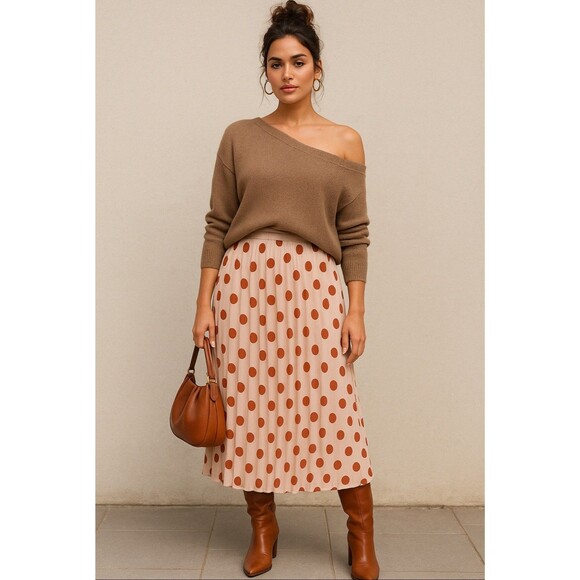 Chic Polka Dot Pleated Midi Skirt Women’s Size Small Boho Retro Romantic Style - Picture 1 of 6